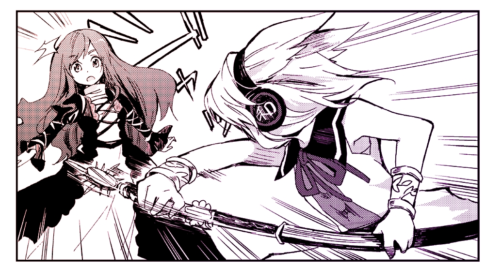 battle bracelet earmuffs hijiri_byakuren jewelry long_hair long_skirt long_sleeves makuwauri monochrome multiple_girls open_mouth scabbard sheath short_hair skirt sleeveless sword touhou toyosatomimi_no_miko unsheathing very_long_hair weapon