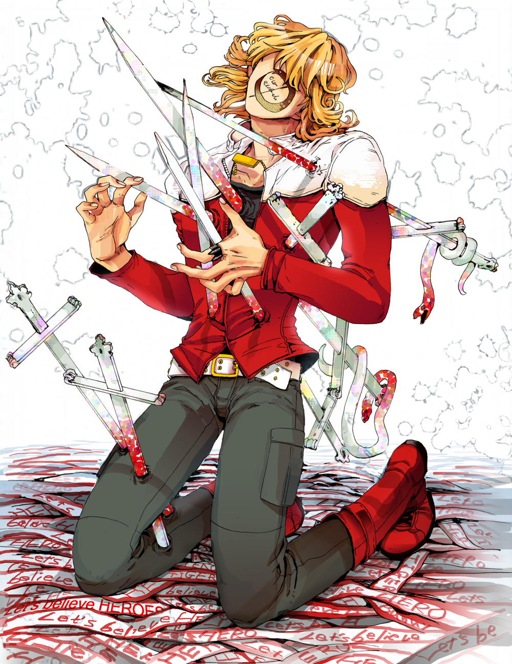 barnaby_brooks_jr belt blonde_hair blood boots faceless hasesan17 highres jacket jewelry kneeling male necklace ouroboros red_jacket snake solo stabbing tiger_&_bunny