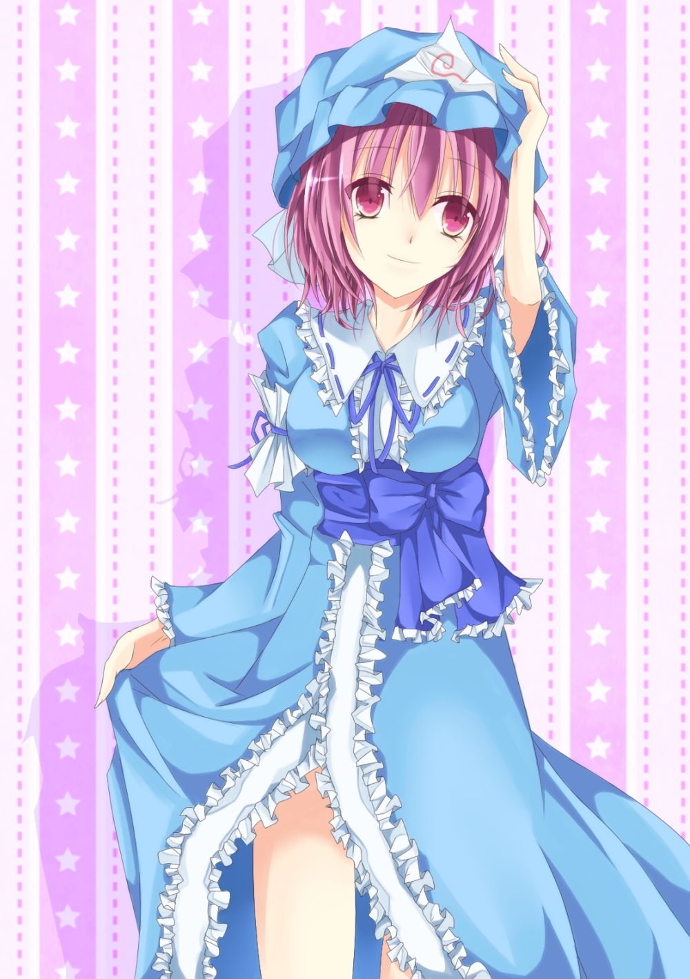 breasts hat highres japanese_clothes obi pink_eyes pink_hair saigyouji_yuyuko shadow short_hair smile solo touhou triangular_headpiece