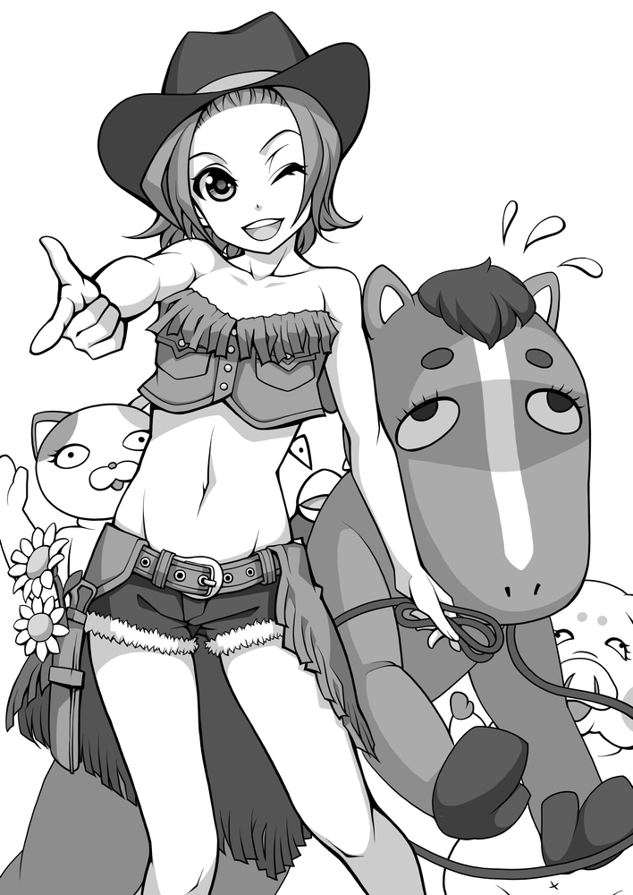 1girl bare_shoulders bird cat character_request chicken cowboy_hat flower greyscale hat horse k-on! midriff monochrome open_mouth overskirt pig pointing short_hair short_shorts shorts showgirl_skirt smile standing sweatdrop tainaka_ritsu torigoe_takumi wink