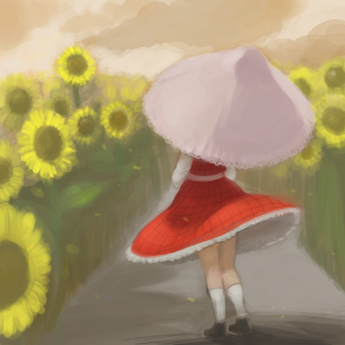 checkered_dress dress flower flower_field from_behind kazami_yuuka magical_ondine plaid plaid_dress socks solo sunflower touhou umbrella wind_lift