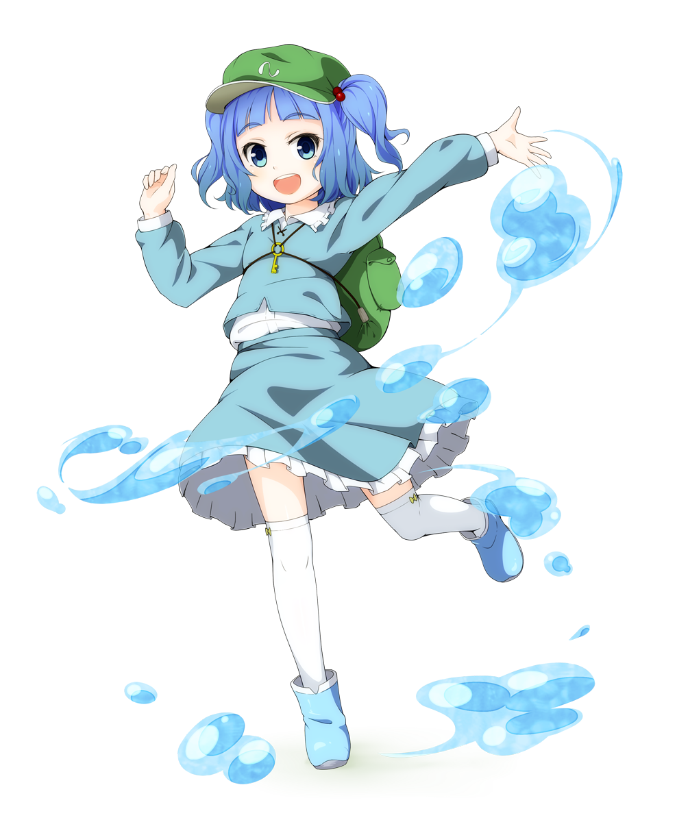 backpack bag blue_eyes blue_hair hair_bobbles hair_ornament hat highres kawashiro_nitori key long_sleeves masa_nori open_mouth short_twintails solo thighhighs touhou twintails water