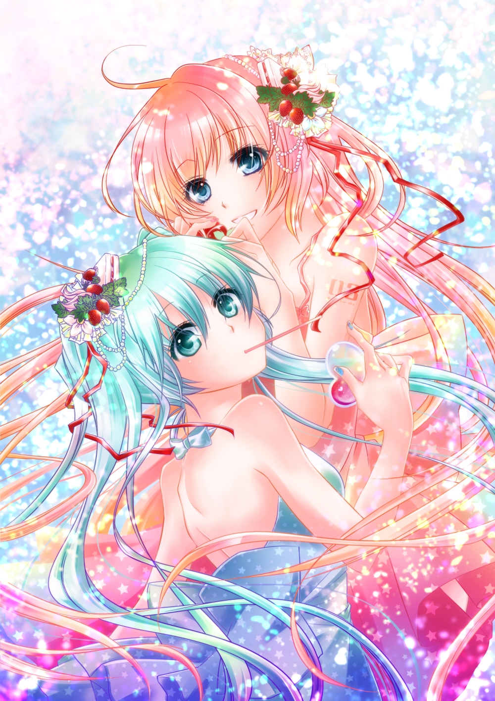 aqua_eyes aqua_hair back blue_eyes dress hatsune_miku highres long_hair looking_back megurine_luka mouth_hold multiple_girls nail_polish red_hair redhead twintails very_long_hair vocaloid yukiru_(y-kr)