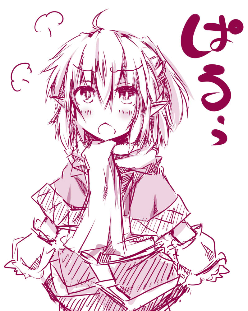 blush chatamaru_(irori_sabou) mizuhashi_parsee monochrome open_mouth pointy_ears short_hair simple_background solo touhou tyata-maru white_background