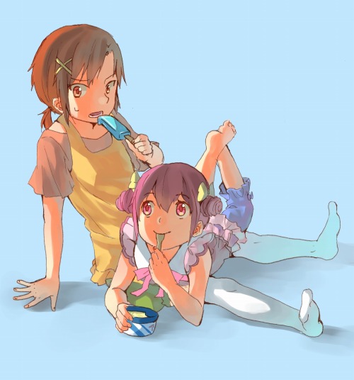 arm_support bad_feet blush casual error food hair_ornament hairclip hino_akane hoshizora_miyuki ice_cream looking_up lying_on_person multiple_girls open_mouth pink_eyes pink_hair ponytail popsicle precure red_eyes red_hair redhead short_hair smile smile_precure! spoon sweatdrop thigh-highs thighhighs