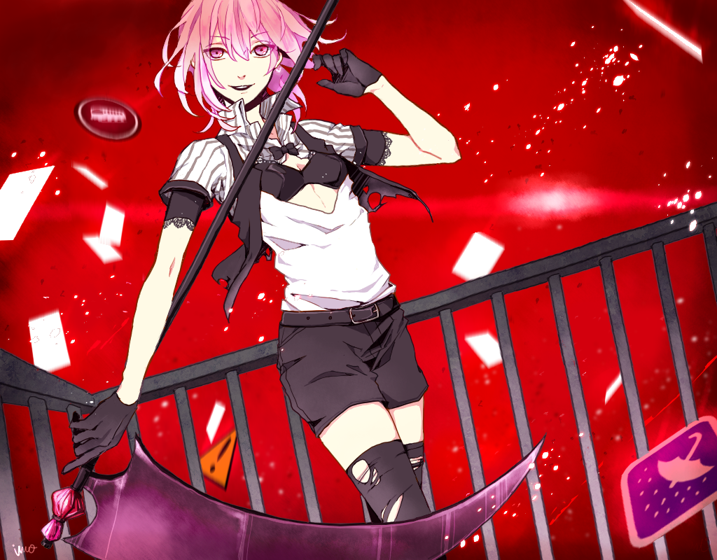 1girl belt black_bra black_gloves bow bra gloves gumi ikasama_life_game_(vocaloid) mashiko_imo open_clothes open_shirt pink_eyes pink_hair scythe short_hair shorts signature smile solo thigh-highs thighhighs torn_thighhighs underwear vocaloid weapon