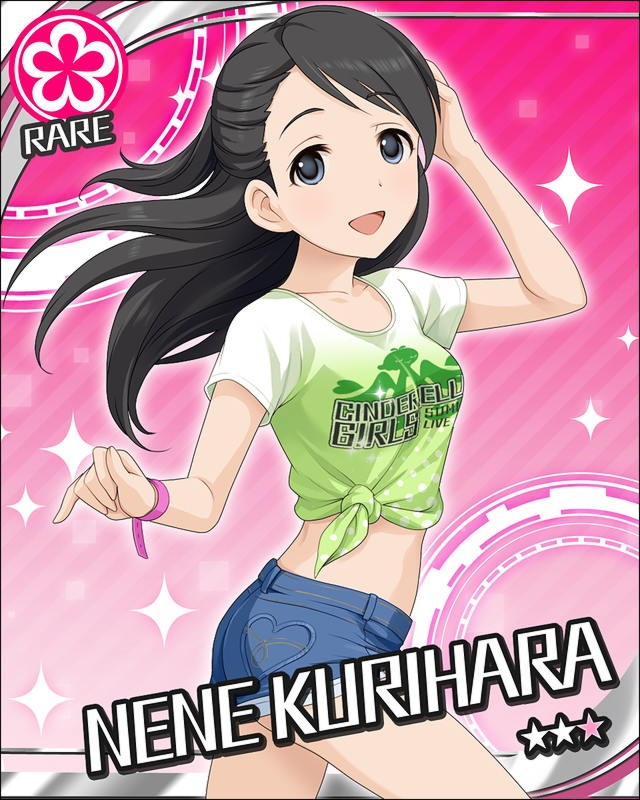 :d black_eyes black_hair denim denim_shorts flower idolmaster idolmaster_cinderella_girls kurihara_nene long_hair official_art open_mouth short_shorts shorts smile solo t-shirt title_drop