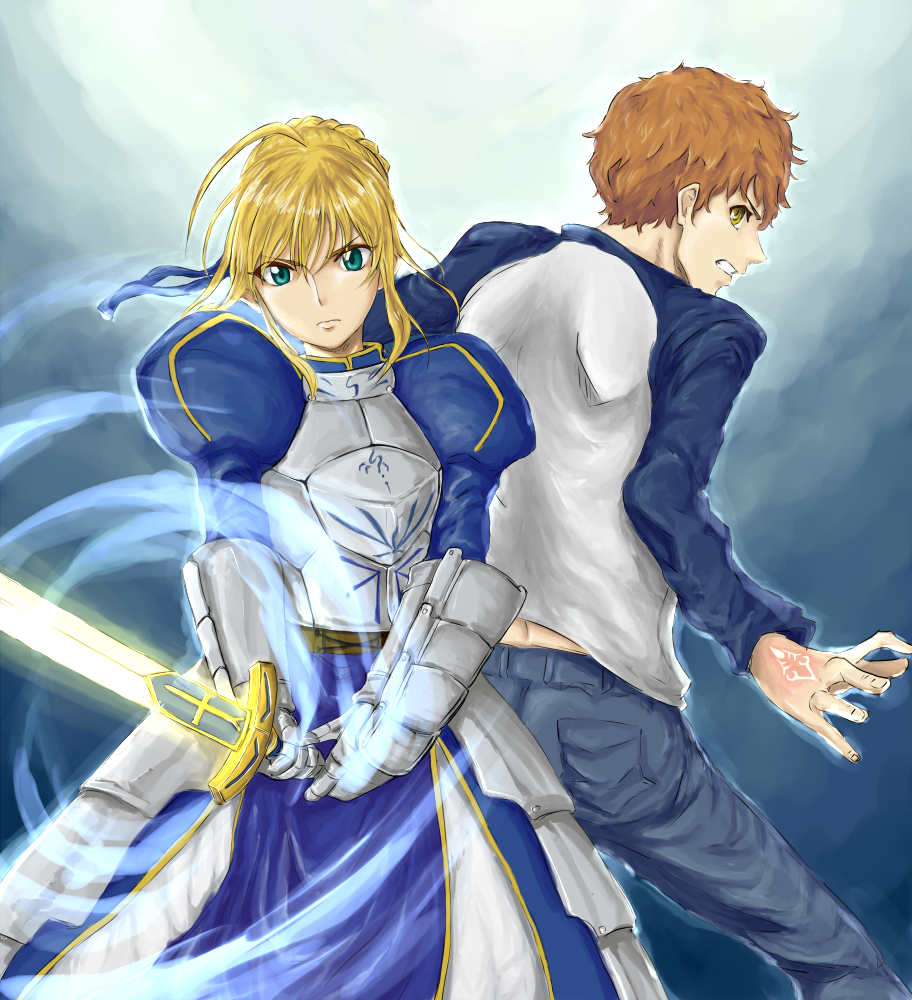 1boy 1girl ahoge armor armored_dress blonde_hair brown_hair command_spell dress emiya_shirou excalibur fate/stay_night fate_(series) gauntlets green_eyes hair_ribbon invisible_air orange_hair paputemasusama raglan_sleeves ribbon saber sword weapon yellow_eyes
