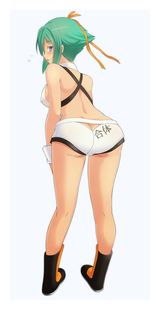 aquarion_(series) aquarion_evol ass ass_cutout blush breasts erect_nipples green_hair hair_ribbon lintanghaseo looking_back midriff pigeon-toed profile purple_eyes ribbon short_shorts shorts sideboob solo violet_eyes zessica_wong