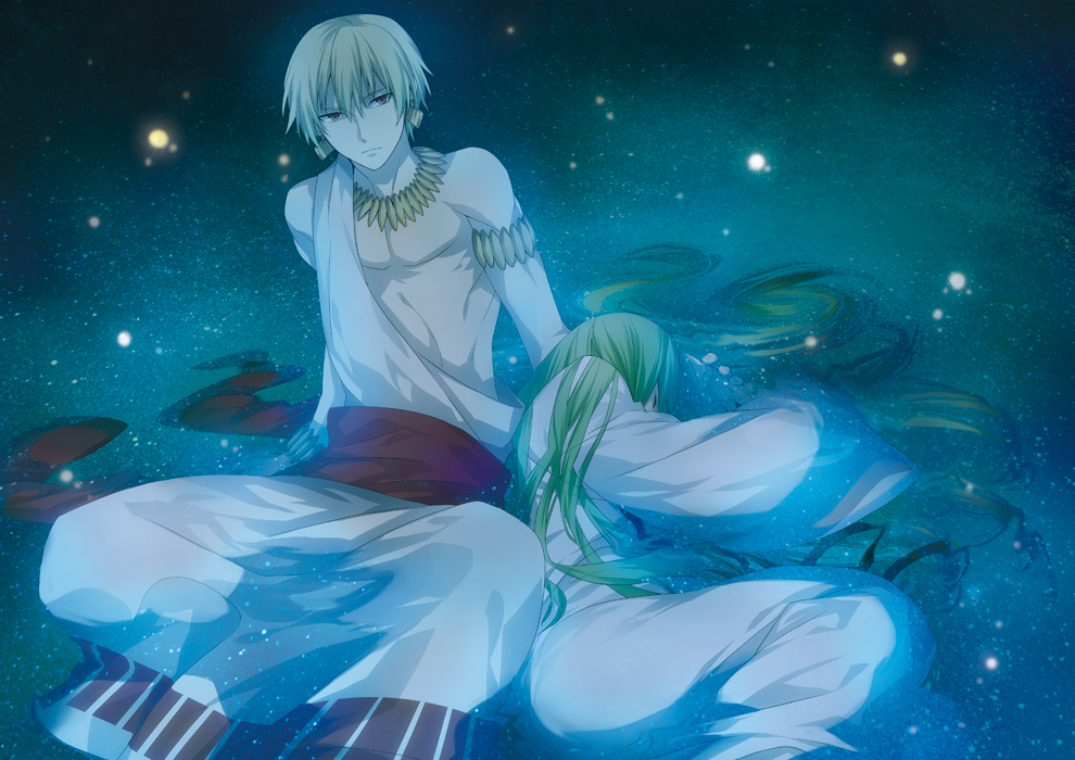 androgynous blonde_hair blue bracelet earrings enkidu_(fate/strange_fake) fate/strange_fake fate/zero fate_(series) gilgamesh green_hair jewelry male multiple_boys necklace red_eyes robe sleeping toga xia_(ryugo)