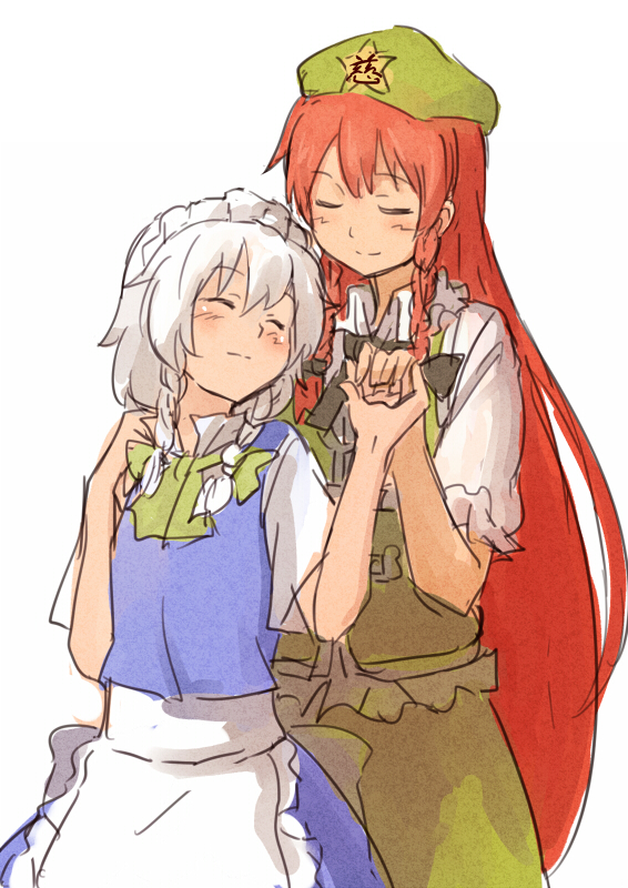 apron blush braid closed_eyes eyes_closed hand_holding hat holding_hands hong_meiling izayoi_sakuya long_hair maid maid_headdress multiple_girls red_hair redhead shiba_murashouji short_hair silver_hair simple_background smile star touhou twin_braids white_background white_hair