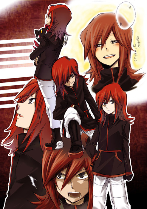 1boy bad_id bangs blush gloves grey_eyes hair_over_one_eye holding long_hair male nono_pk open_mouth pokemon pokemon_(game) pokemon_gsc red_hair redhead silver_(pokemon) smile sneasel translation_request