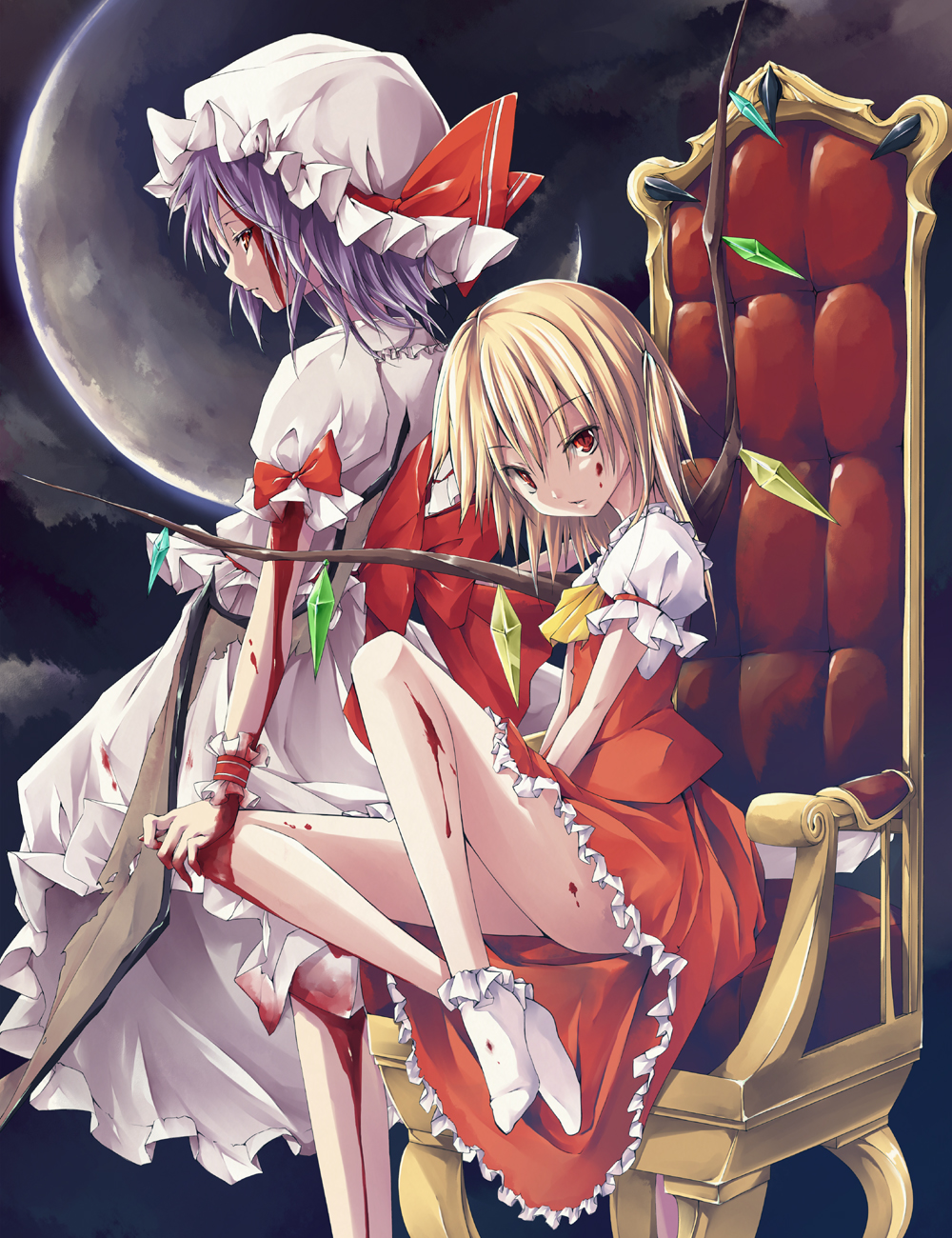 blonde_hair blood blue_hair chair crystal flandre_scarlet frilled_legwear frilled_socks hat hat_ribbon highres karasu_raku looking_at_viewer multiple_girls puffy_sleeves purple_hair red_eyes remilia_scarlet ribbon short_hair short_sleeves siblings side_ponytail sisters sitting socks touhou wings wrist_cuffs