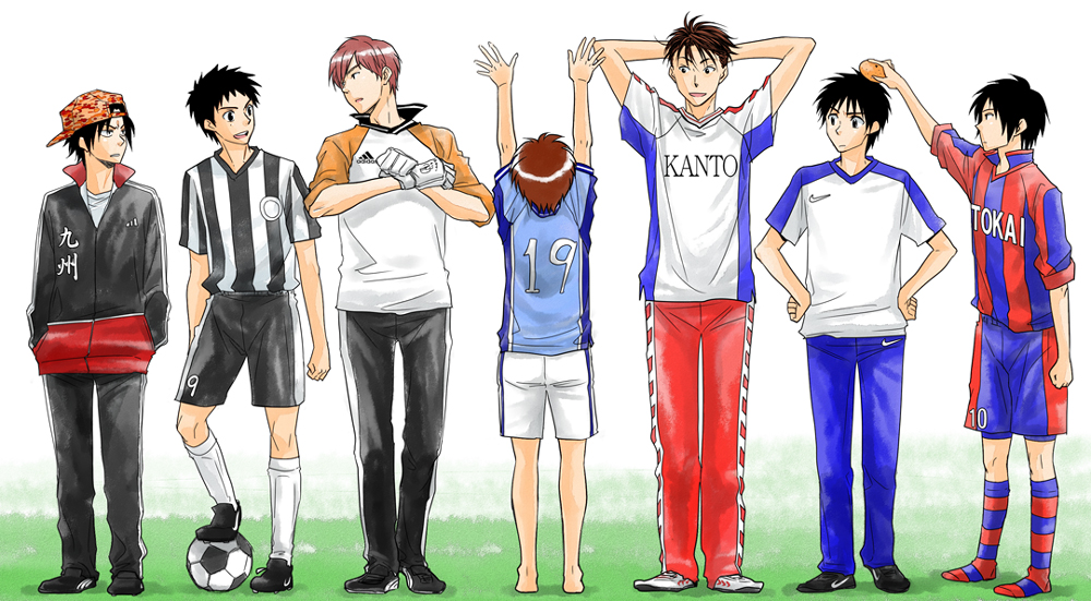 adidas backwards_hat ball baseball_cap black_hair brown_hair character_request food fruit gloves hat male mandarin_orange multiple_boys nike soccer_ball soccer_uniform whistle!