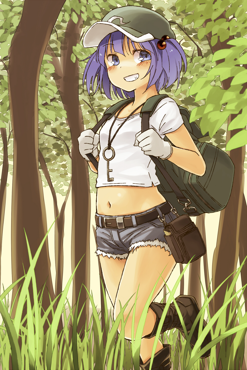 alternate_costume backpack bag blue_eyes blue_hair blush boots cutoffs denim denim_shorts forest gloves grin hair_bobbles hair_ornament hat highres kawashiro_nitori key midriff nature navel short_hair short_shorts shorts smile solo touhou tree yudepii