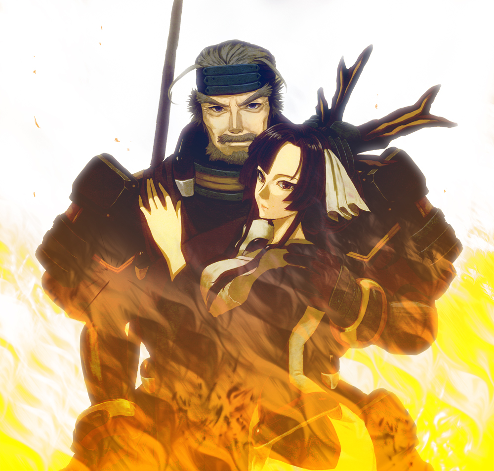 1girl armor beard black_hair blue_eyes couple ea_air facial_hair gloves grey_hair headband honda_tadakatsu_(horizon) hug kazuno_(horizon) kyoukai_senjou_no_horizon long_hair maid mustache polearm red_eyes short_hair weapon