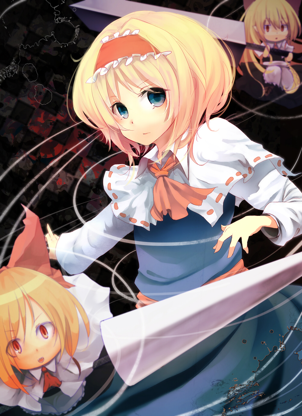 alice_margatroid apron ascot bad_id blonde_hair blue_eyes blurry bow capelet depth_of_field doll fang hair_bow hairband highres lance long_hair long_sleeves open_mouth pointy_ears polearm red_eyes shanghai_doll short_hair sin_(artist) solo string sword touhou weapon