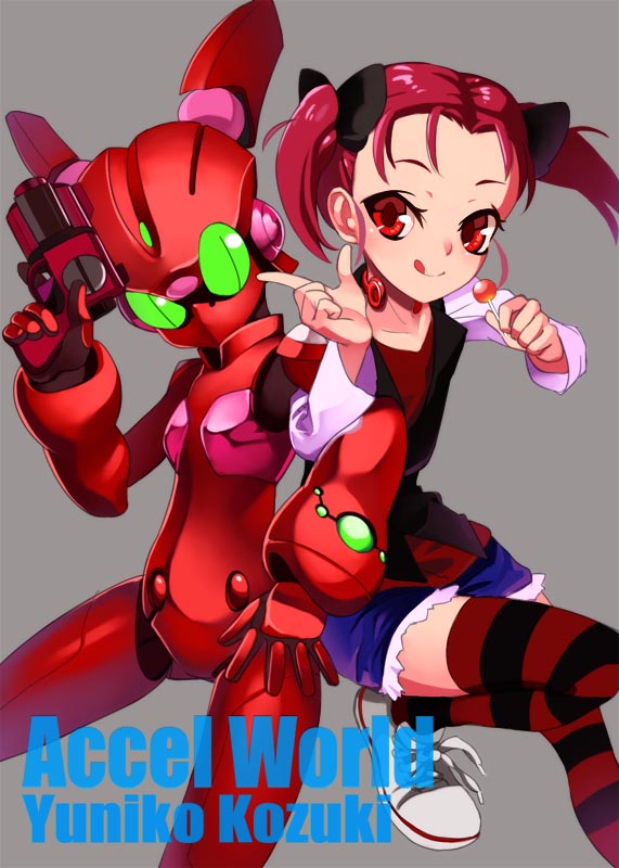 :q accel_world dual_persona green_eyes gun kouzuki_yuniko red_eyes red_hair redhead redlion scarlet_rain short_twintails shorts striped striped_legwear thighhighs tongue twintails weapon