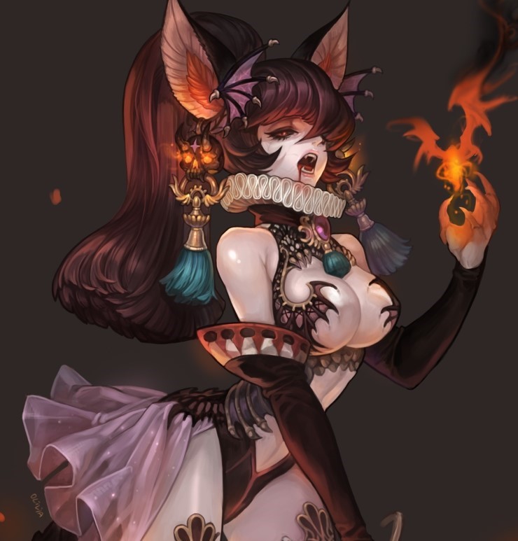 animal_ears bangs bare_shoulders black_hair blood breasts cropped earrings elbow_gloves fangs fire gloves half-closed_eyes jewelry large_breasts long_hair magic olivia_(yh) open_clothes open_mouth original pale_skin ponytail simple_background vampire