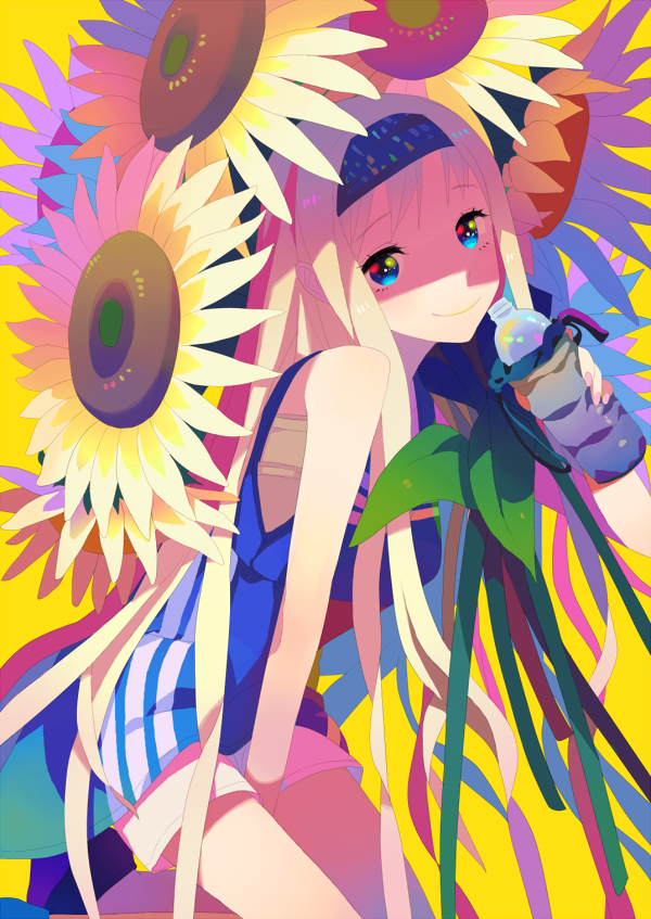 blonde_hair blue_eyes bottle flower hairband long_hair multicolored_eyes original shorts sleeveless smile solo sunflower very_long_hair yokariko