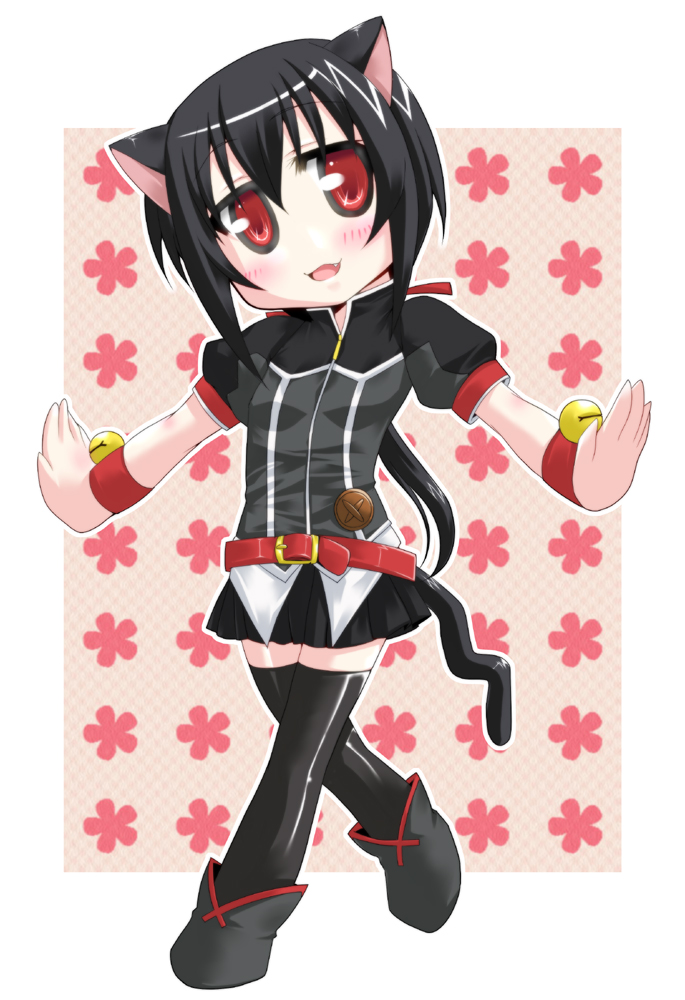 1girl accel_world animal_ears bell black_hair cat_ears cat_tail chibi dog_days noir_vinocacao red_eyes short_hair solo tail thigh-highs thighhighs