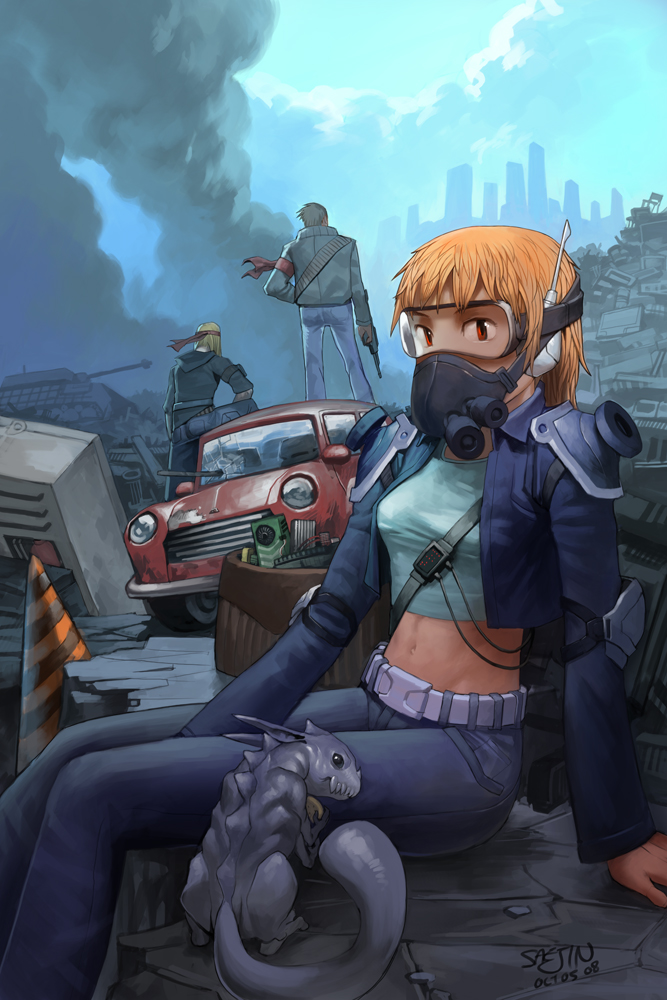 blonde_hair building car cloud clouds gas_mask gun headband hood junkyard looking_at_viewer midriff military military_vehicle monster motor_vehicle navel original post-apocalypse post-apocalyptic red_eyes saejin_oh short_hair sitting smoke tank vehicle weapon
