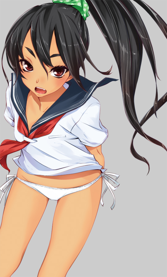 arms_behind_back bikini black_hair dark_skin long_hair no_pants open_mouth original ponytail red_eyes sailor_collar sasetsu shirt side-tie_bikini simple_background swimsuit tan