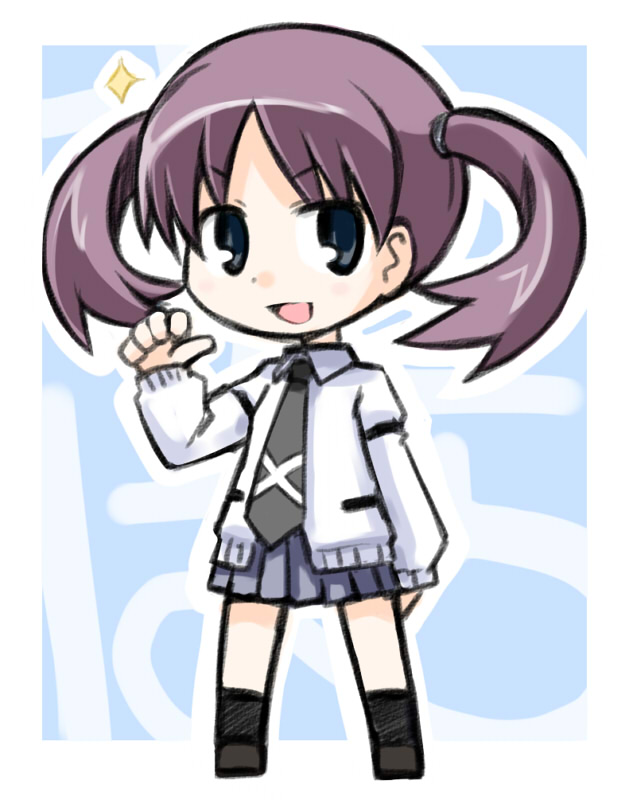 black_legwear blue_eyes catchphrase chibi hanada_kirame kugelschreiber long_sleeves miniskirt necktie open_mouth purple_hair saki saki_achiga-hen school_uniform shoes short_hair short_twintails skirt smile socks solo sparkle standing sweater twintails