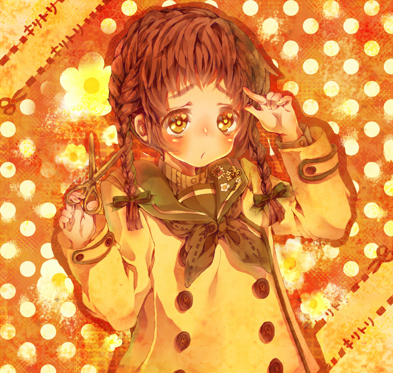 blush braid brown_eyes brown_hair eisuu heart heart-shaped_pupils holding original polka_dot polka_dot_background scissors solo symbol-shaped_pupils twin_braids