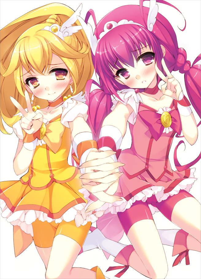 bike_shorts blonde_hair blush collarbone cover cure_happy cure_peace hair_ornament hand_holding hands_clasped holding_hands hoshizora_miyuki kise_yayoi long_hair magical_girl multiple_girls pink_eyes pink_hair precure red_eyes ribbon_choker satsuki_misuzu smile_precure! solo tiara twintails v wrist_cuffs