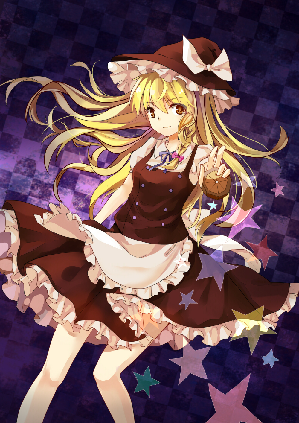 apron bad_id blonde_hair bow braid elise_(piclic) hair_bow hat hat_bow highres kirisame_marisa long_hair mini-hakkero outstretched_arm puffy_sleeves short_hair short_sleeves single_braid smile solo touhou witch_hat yellow_eyes