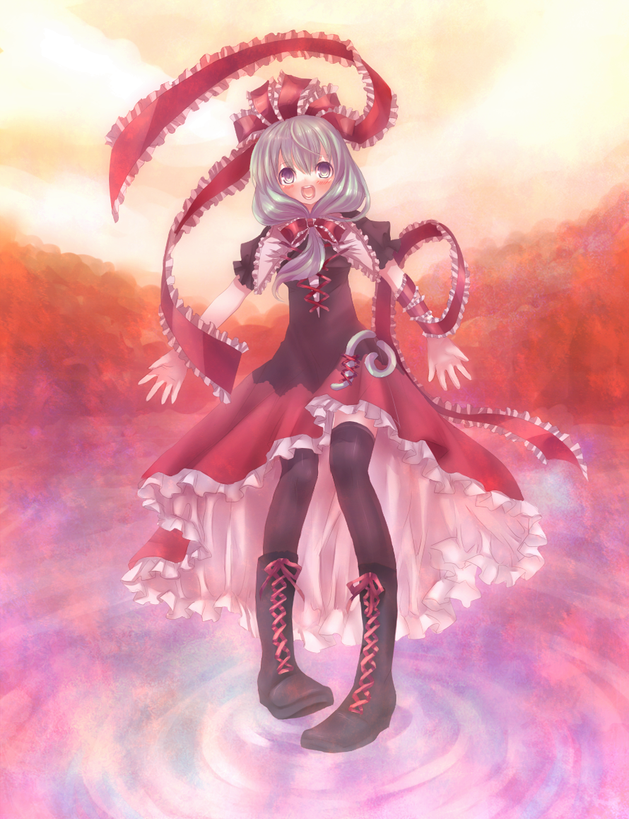 aqua_eyes arm_ribbon black_legwear boots bow cross-laced_footwear dress frills front_ponytail green_hair hair_bow hair_ornament hair_ribbon kagiyama_hina long_hair looking_at_viewer neme open_mouth puffy_sleeves red_dress ribbon short_sleeves smile solo thigh-highs thighhighs touhou