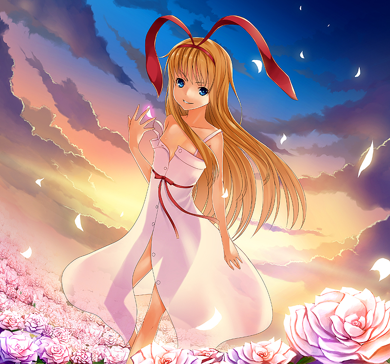 amae_koromo blonde_hair blue_eyes cloud clouds dress flower grin hairband lamp_studio long_hair petals ribbon saki see-through semi-transparent smile solo sundress sunset transparent un4lord