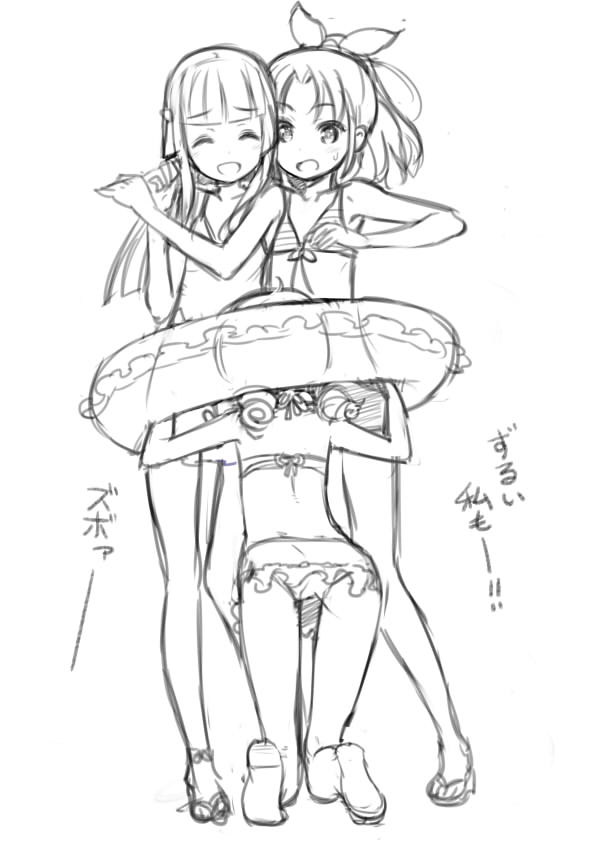 aoki_reika bikini blush closed_eyes eyes_closed hair_tubes hoshizora_miyuki innertube kuroboshi_kouhaku long_hair midorikawa_nao monochrome multiple_girls open_mouth ponytail precure short_hair sketch smile smile_precure! sweatdrop swimsuit translated translation_request twintails
