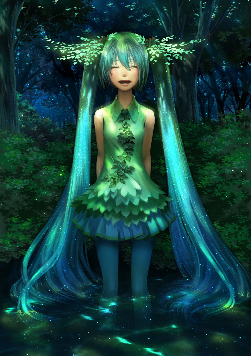 aqua_hair closed_eyes hatsune_miku highres long_hair night open_mouth solo tree twintails very_long_hair vocaloid wading water yuanmaru