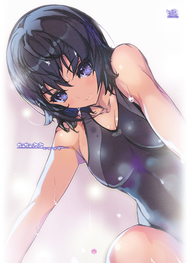 akaga_hirotaka amagami bare_shoulders black_hair breasts cleavage competition_swimsuit cover cover_page from_below nanasaki_ai one-piece_swimsuit purple_eyes short_hair solo swimsuit violet_eyes wet