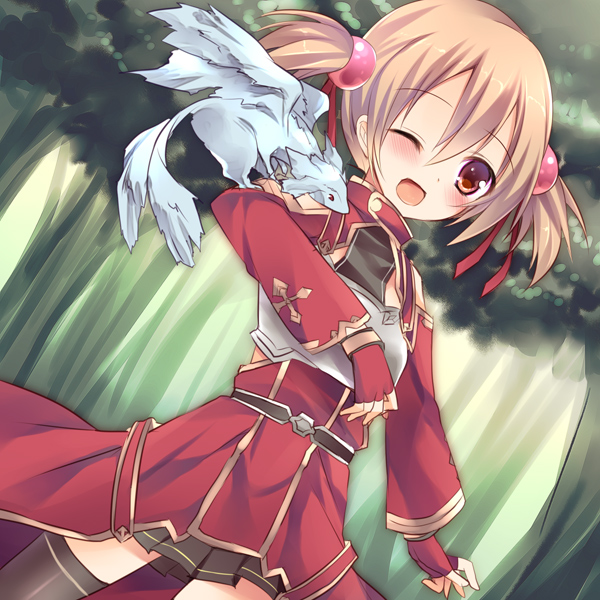;d animal black_legwear blush brown_eyes brown_hair fingerless_gloves gloves open_mouth pina_(sao) short_twintails silica smile solo soraishinya sword_art_online thigh-highs thighhighs twintails wink