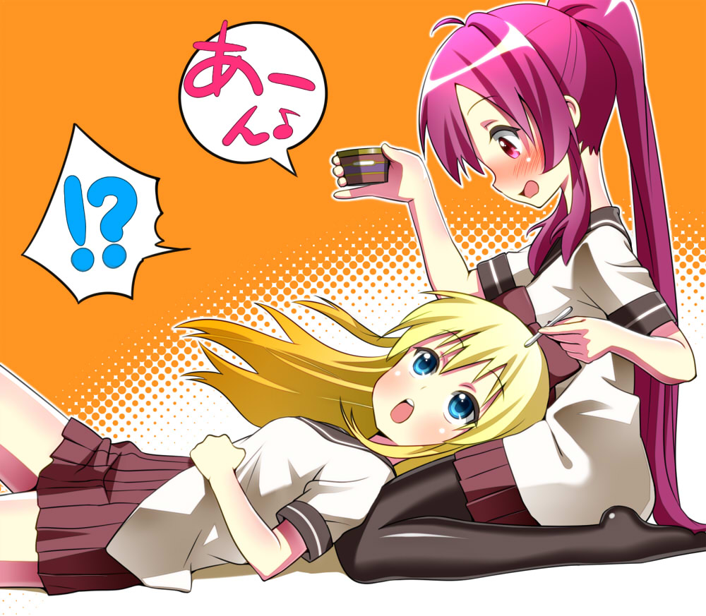 bad_id blonde_hair blue_eyes blush bow hair_bow lap_pillow long_hair multiple_girls open_mouth pantyhose ponytail purple_eyes purple_hair rum_raisin school_uniform serafuku sonsoso sugiura_ayano teeth toshinou_kyouko violet_eyes yuru_yuri