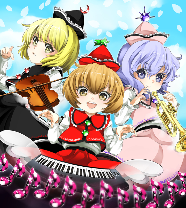 blonde_hair blue_eyes blue_hair blush brown_hair crescent hat instrument keyboard_(instrument) lunasa_prismriver lyrica_prismriver merlin_prismriver multiple_girls musical_note ninamo open_mouth petals short_hair skirt smile touhou trumpet violin yellow_eyes