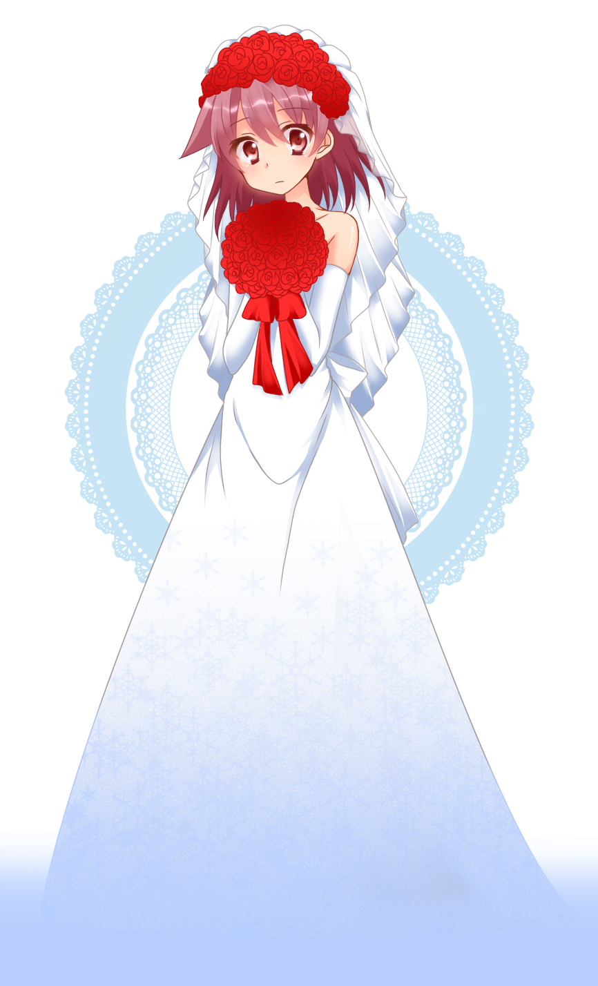 blush bouquet bridal_veil dress flower highres miyanaga_teru red_hair redhead ribbon rose saki short_hair so_sou solo sou_(mgn) veil wedding_dress