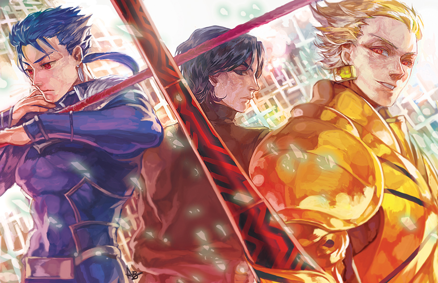 agnesgd armor blonde_hair blue_hair brown_eyes brown_hair ea_(fate/stay_night) earrings fate/stay_night fate_(series) gae_bolg gilgamesh jewelry kotomine_kirei lancer long_hair male multiple_boys polearm ponytail red_eyes spear weapon