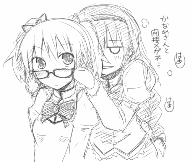 akemi_homura bespectacled blush braid glasses kaname_madoka long_hair mahou_shoujo_madoka_magica monochrome multiple_girls rock_heart school_uniform smile translated translation_request