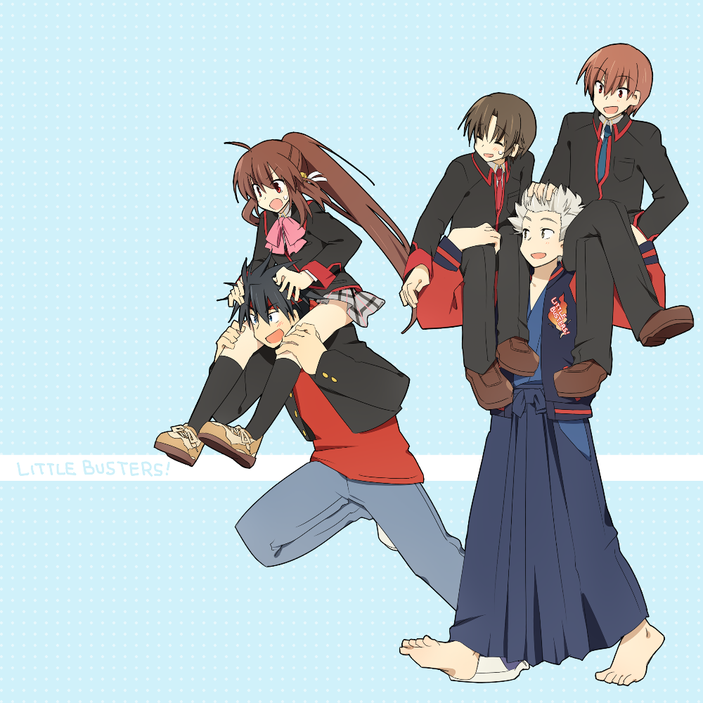 4boys 5boys barefoot carrying inohara_masato japanese_clothes lifting little_busters! miyazawa_kengo multiple_boys naoe_riki natsume_kyousuke natsume_rin school_uniform shacttainw shoulder_carry