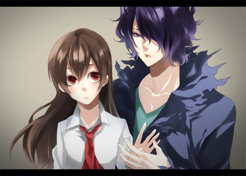 1girl brown_hair coat eve_(ib) garry_(ib) gary_(ib) hair_over_one_eye ib ib_(ib) letterboxed long_hair necktie purple_eyes purple_hair red_eyes short_hair tuyuno violet_eyes