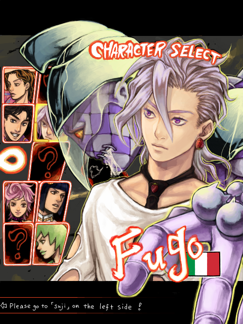 brown_hair bruno_bucciarati character_select fighting_game foo_fighters green_hair jojo_no_kimyou_na_bouken joseph_joestar_(young) lipstick makeup neopara pannacotta_fugo parody purple_eyes purple_hair purple_haze_(stand) stand_(jojo) street_fighter street_fighter_iv tegaki trish_una violet_eyes yamagishi_yukako