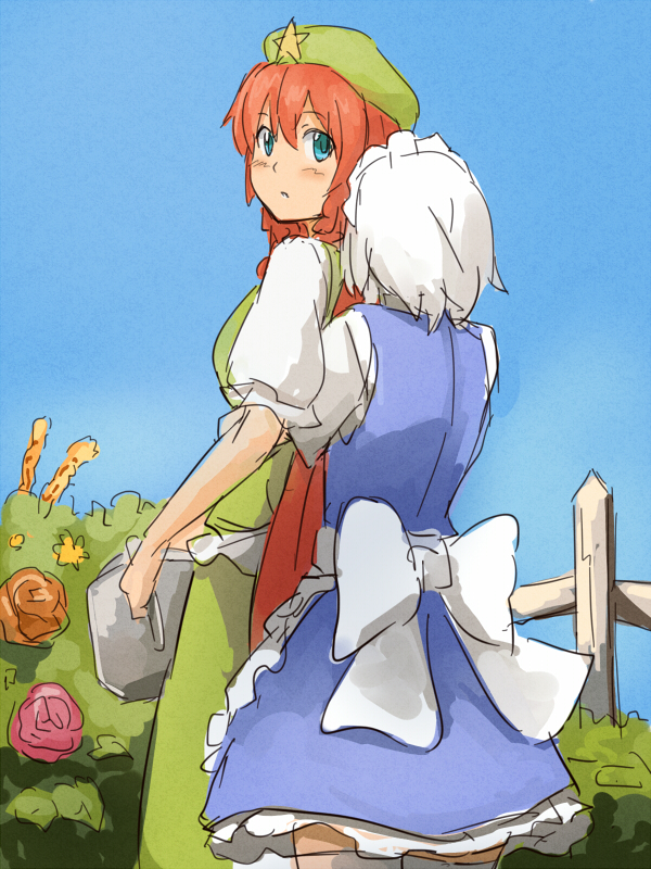 aqua_eyes bush fence flower hat hong_meiling hug hug_from_behind izayoi_sakuya long_hair maid maid_headdress multiple_girls orange_hair puffy_sleeves shiba_murashouji short_sleeves silver_hair sky star touhou turning very_long_hair watering_can