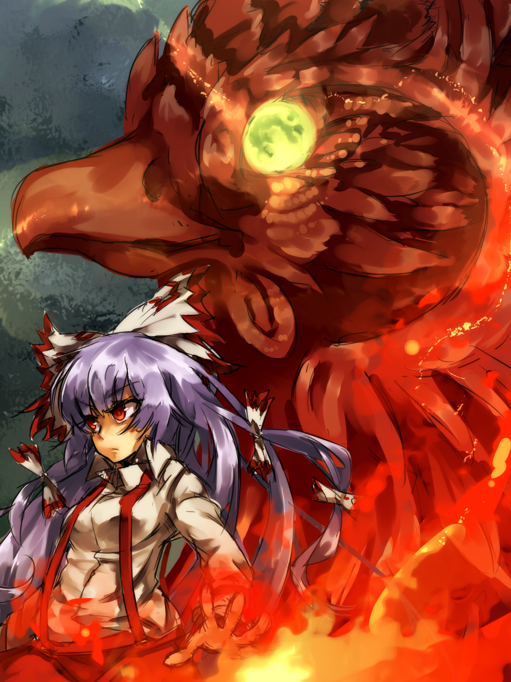 bird bow fire fujiwara_no_mokou hair_bow highres long_hair long_sleeves phoenix red_eyes silver_hair solo suspenders temmasa22 touhou