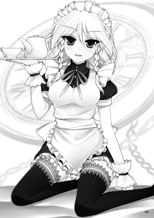apron blush braid cup izayoi_sakuya kettle kneeling maid maid_headdress monochrome open_mouth puffy_sleeves short_hair short_sleeves smile solo suzume_miku teacup thigh-highs thighhighs touhou tray twin_braids wrist_cuffs