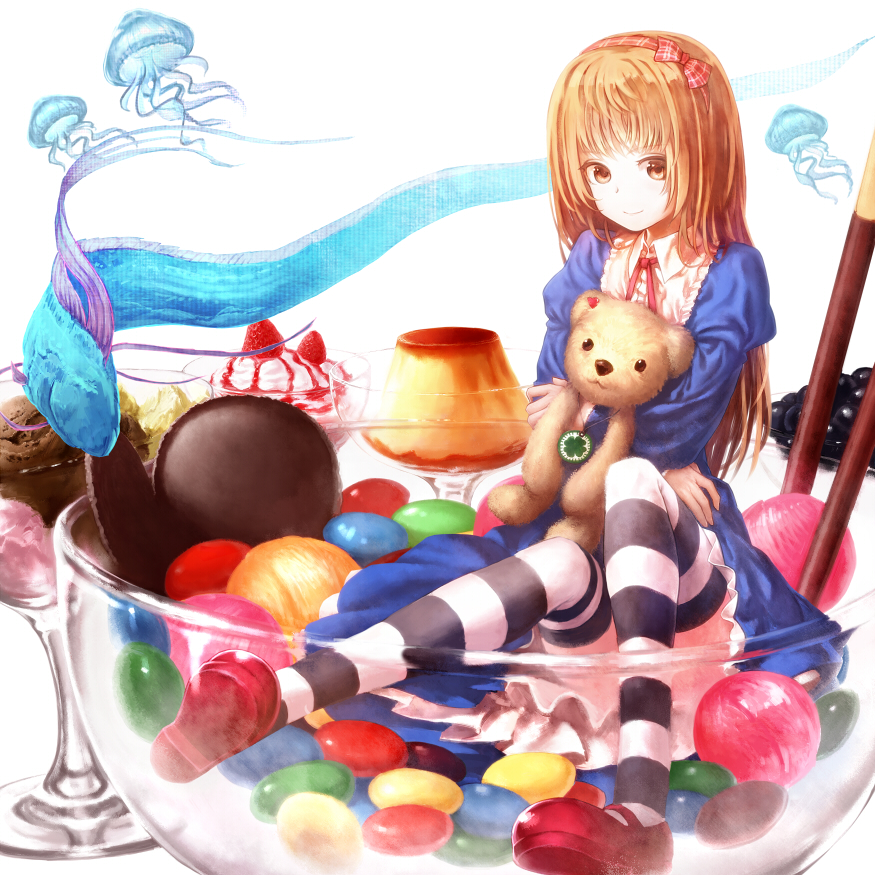 bowl brown_eyes brown_hair candy eel food fruit glass hairband holding ice_cream in_food jellyfish lain lollipop long_hair minigirl original pocky sitting smile solo strawberry striped striped_legwear stuffed_animal stuffed_toy sweets teddy_bear thigh-highs thighhighs