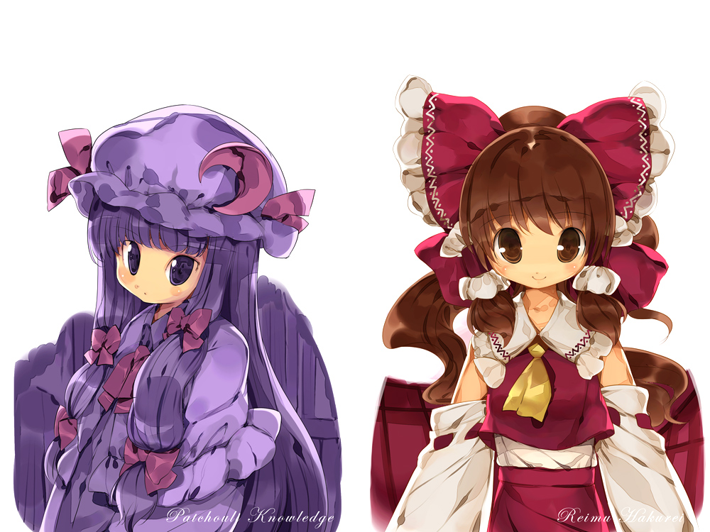 ascot blush brown_eyes brown_hair character_name crescent detached_sleeves hair_ribbon hakurei_reimu hanpen hat long_hair multiple_girls patchouli_knowledge purple_eyes purple_hair ribbon simple_background smile touhou violet_eyes white_background
